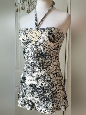 Y2K Vintage Self Esteem Halter Babydoll Top Juniors S Black Cream Boho Floral